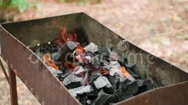 烧烤架中燃烧煤的特写。 煤开始燃烧了。 慢速视频